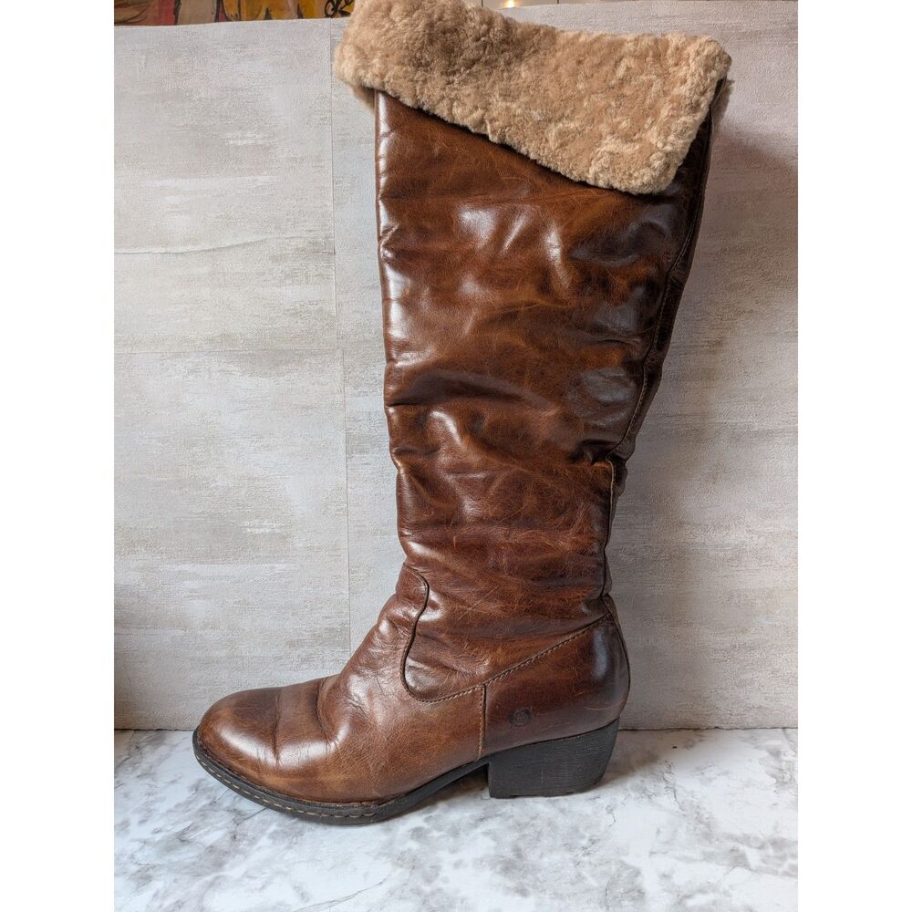 Born Clemens Women’s 10 Brown Leather Shearling Knee High Boots W62122